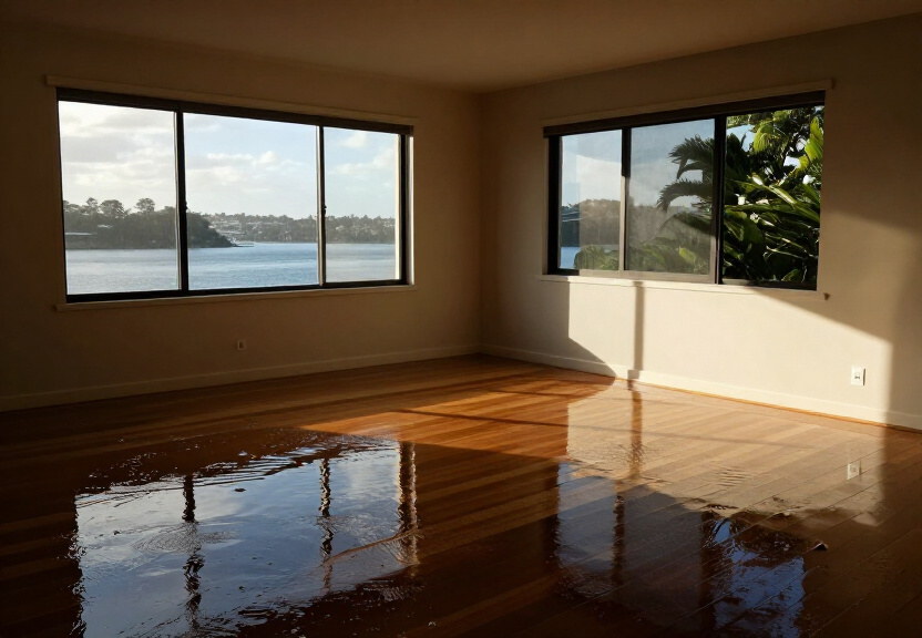 Flood-damaged living room in Dharruk before restoration